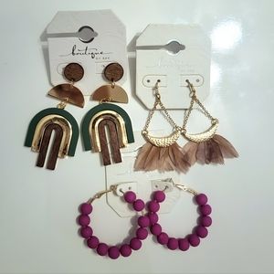 NWT BKE Boutique Buckle Bundle of 3 earrings Arched, Feather and Fuchsia Earring